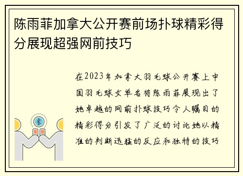 陈雨菲加拿大公开赛前场扑球精彩得分展现超强网前技巧